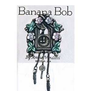 VTG BANANA BOB CUCKOO CLOCK W CHARMS SILVER ENAMEL